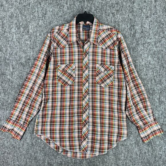 Maverick Shirt Mens M‎ Brown Plaid Long Tails Vintage USA 70s Western Cowboy - Picture 1 of 6